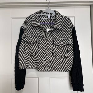 Grace & Karma Black and White Cropped Blazer with Chevron Pattern